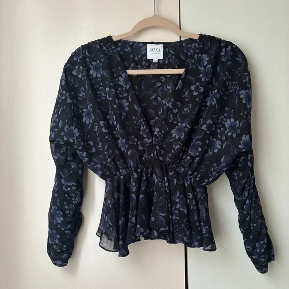 MISA Los Angeles Kesara Top XS Navy Floral Peplum Blouse NWOT Cropped - Picture 2 of 12